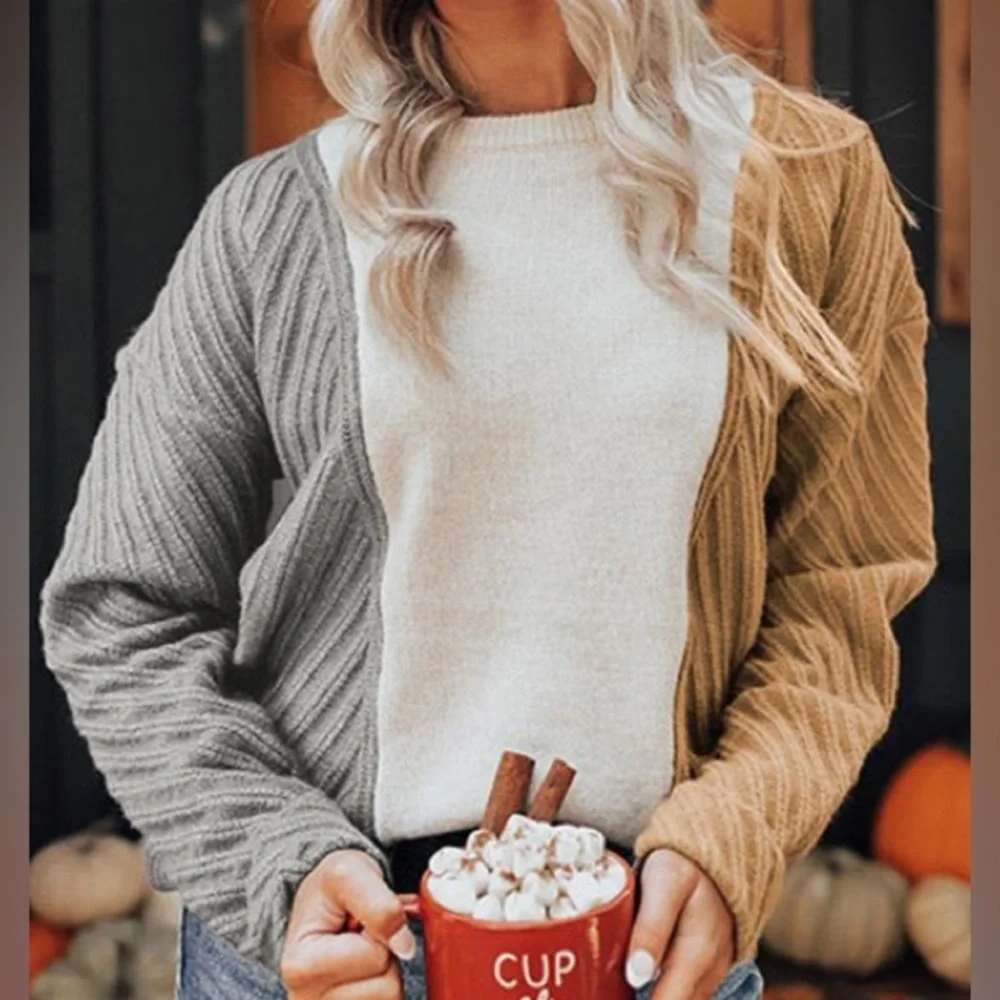 Cozy Sweater, Color Block, Cable Knit Texture, White/Tan/Gray, M L XL 2X - Picture 3 of 16